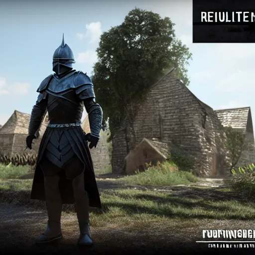 Image similar to a black knight standing in front of a village, full 8 k highly detailed unreal engine 5 render