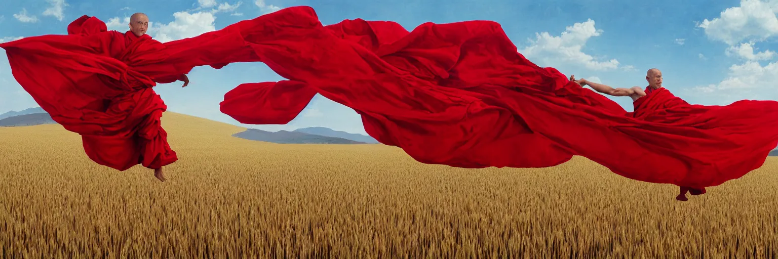 Prompt: a wide angle lens shot on full - frame camera of tibetan monk flying over wheat field weightlessness in traditional red cloth. a lot of flying red fabric around, monk body movements looks like modern dance choreography. illustration by craig mullins, yoji shinkawa, trending on artstation, peter mohrbacher, hyper detailed, intricate