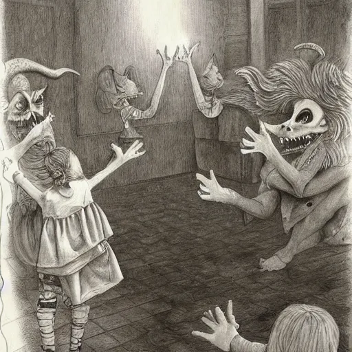 Image similar to a hyperrealistic painting of a demon performing at a childrens birthday party, by john kenn mortensen, highly detailed,