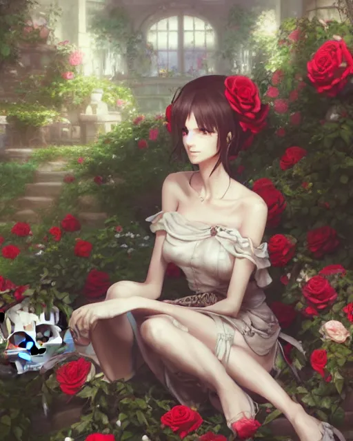 Image similar to an elegant lady sitting surrounded by skulls in a garden full of roses, final fantasy, cushart krenz, cushart krenz, very detailed, realistic face, detailed face, matte, tonemapping, perfection, 4 k,