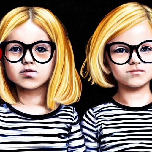 Prompt: two girls, they are blond and twins, they both wear a black dress and round glasses, digital painting, hd, elegant, smooth