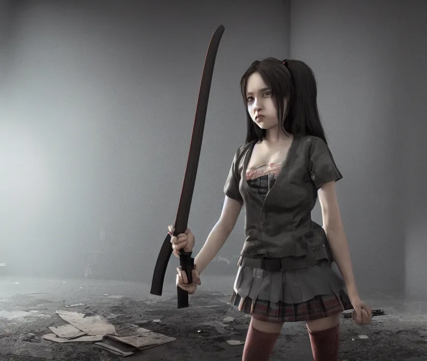 Image similar to School girl holding a katana and standing on an abandoned hospital room, gloomy and foggy atmosphere, octane render, artstation trending, horror scene, highly detailded