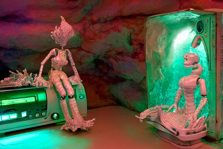 Prompt: robot mermaid sitting in cyber grotto made of porcelain, from 1986, bathed in the glow of a crt television, tv screens in background, low-light photograph, in style of terry richards