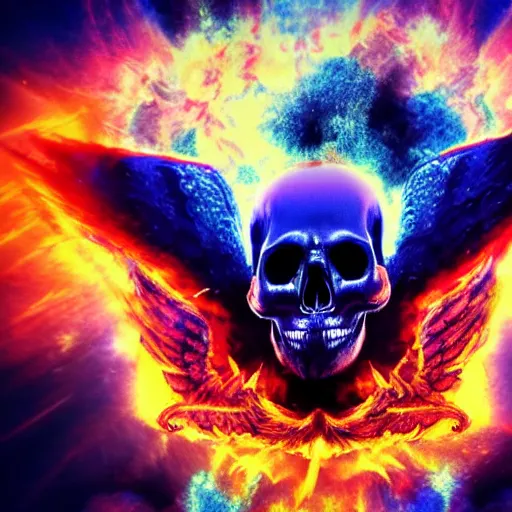 Prompt: a skull engulfed in blue flames flying with wings infront of a blue hell background, 8 k, detailed, fantasy artwork, accurate, hdr, raytracing, stunning, badass