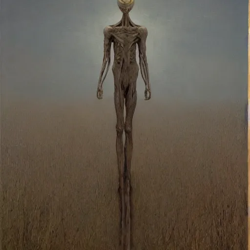 Image similar to slenderman, high detail, masterpiece, oil on canvas, art by beksinski