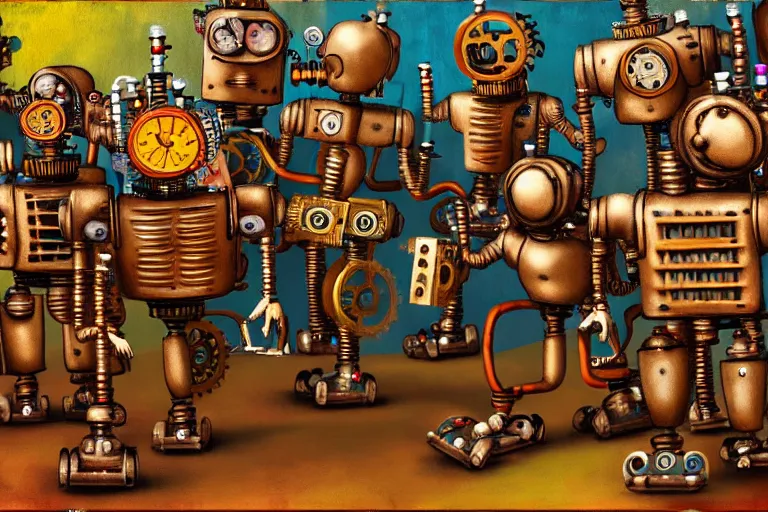 Prompt: steampunk robots dancing by otto dix, 4 k