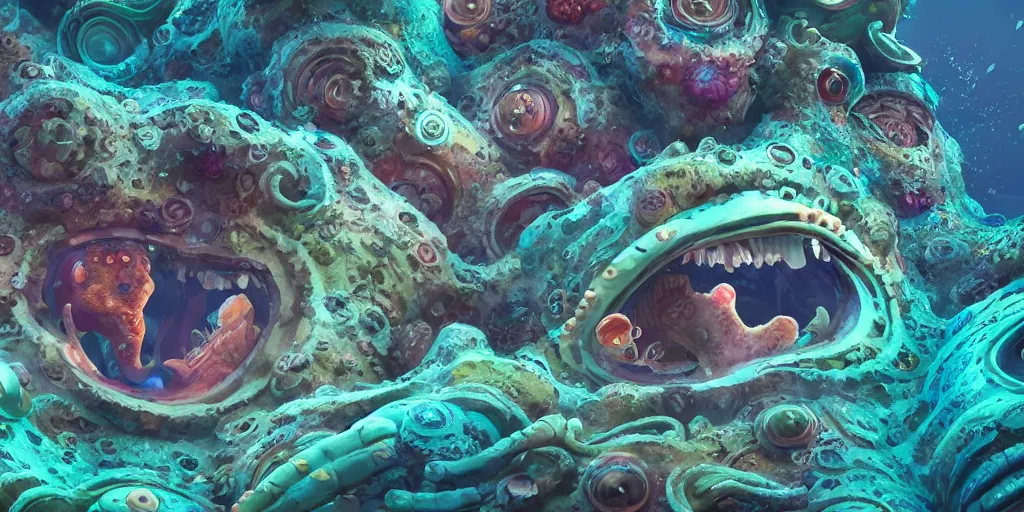 Image similar to of an intricate sea reef with strange cute friendly happy creatures with huge eyes, mouth, long tongue, round teeth and goofy face, appearing from the background, in the style of gehry and gaudi, macro lens, shallow depth of field, ultra detailed, digital painting, trending artstation, concept art, illustration, cinematic lighting, photorealism, epic, octane render