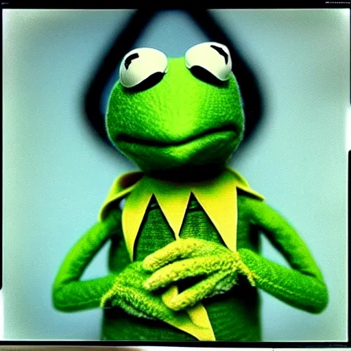 Image similar to polaroid shot of kermit the frog in the movie the matrix