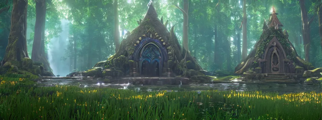 Image similar to matte painting of a magnificent ethereal wishing well in forest glade by Zelda breath of the wild, 8k, ultra hd