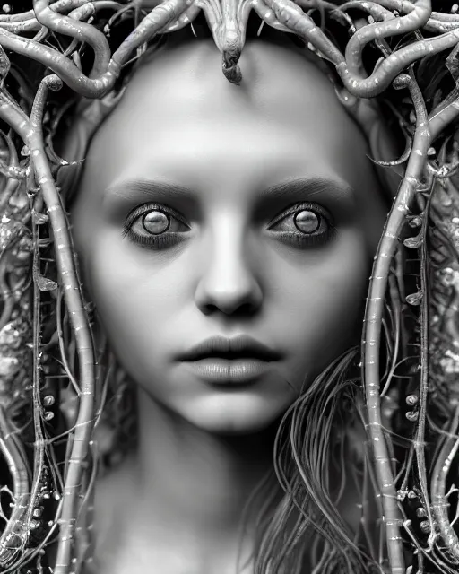 Image similar to mythical dreamy underwater artistic black and white 3 d render of a translucent beautiful young female angelic - medusa - vegetal - doll, highly detailed, intricate crystal ivy jelly ornate, poetic, translucent algae ornate, digital art, octane render, 8 k artistic photography, photo - realistic, hg giger flora borsi