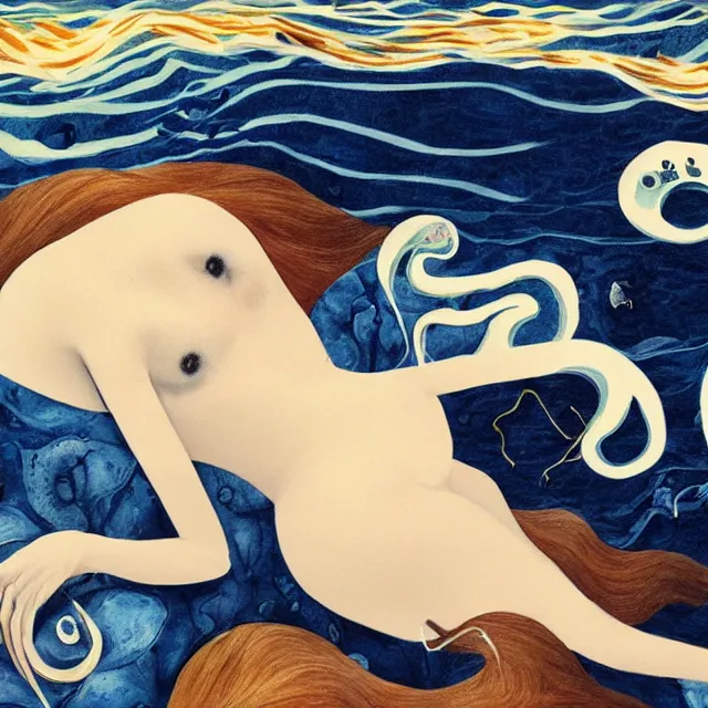 Image similar to a female art student falling asleep, iceberg, dark, sensual, dreamy, waves, swirls, blue drips, fish, blueberries, octopus, neo - impressionist, surrealism