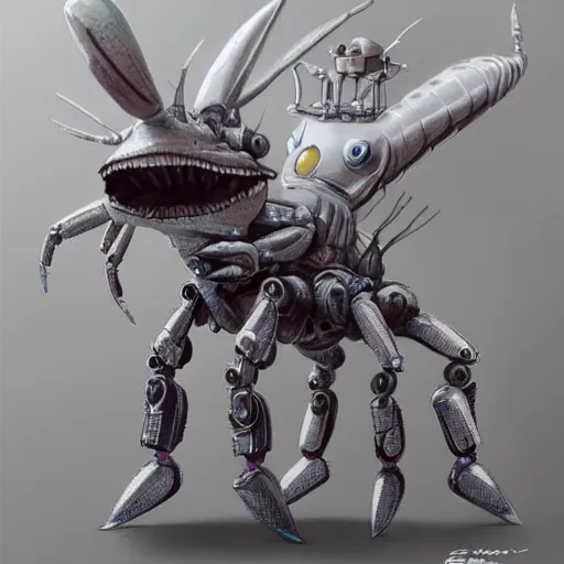 Image similar to a gray alien unicorn, a robotic crab with african decoration and a spongebob puppet, highly detailed, concept art, art by wlop and artgerm and greg rutkowski, masterpiece, trending on artstation, 8 k