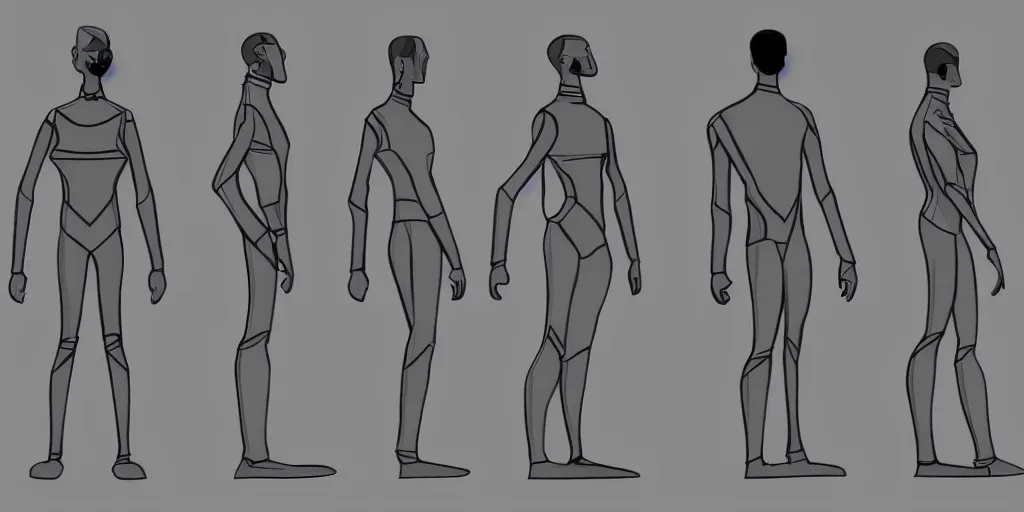 Image similar to male, elongated figure, space suit, minimalist sketch, large shoulders, short torso, long thin legs, tiny feet, character sheet, very stylized, concept design