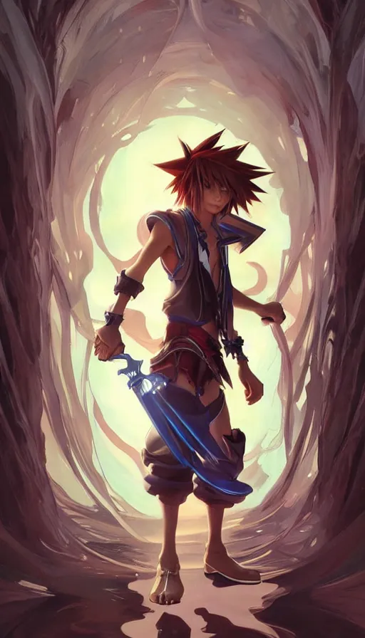 Image similar to sora from kingdom hearts by artgerm, greg rutkowski and alphonse mucha, concept art, matte, intricate, full body, epic composition