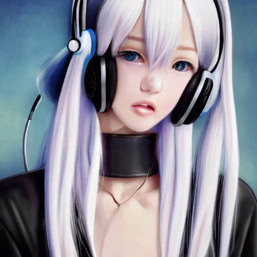 Image similar to realistic detailed semirealism beautiful gorgeous natural cute excited happy Blackpink Lalisa Manoban white hair white cat ears blue eyes, wearing black camisole outfit, headphones, black leather choker artwork drawn full HD 4K high resolution quality artstyle professional artists WLOP, Aztodio, Taejune Kim, Guweiz, Pixiv, Instagram, Artstation