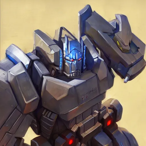 Image similar to greg manchess portrait painting of armored optimus prime as overwatch character, medium shot, asymmetrical, profile picture, organic painting, sunny day, matte painting, bold shapes, hard edges, street art, trending on artstation, by huang guangjian and gil elvgren and sachin teng