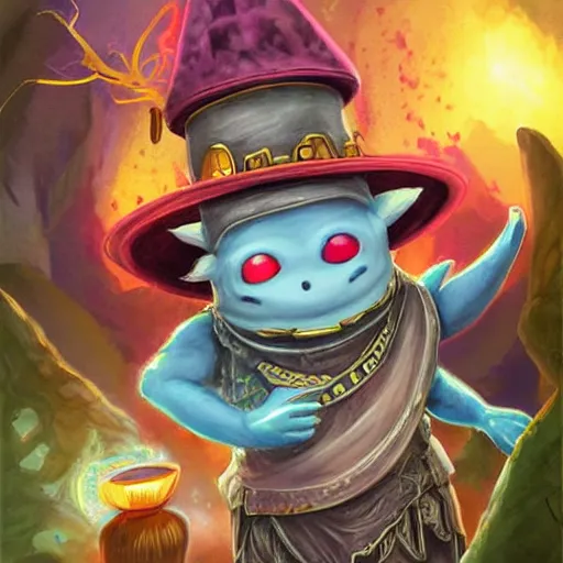 Prompt: Magic the gathering artwork of Anthropomorphized Axolotl magician casting magic spell, magic shop, shelves full, selling a gem, portrait, items, magic potions, specimens in glasses, carpet, window, fancy funny hat, sly expression , cunning expression, cute expression, presenting magic gem, D&D, fantasy, cinematic lighting, highly detailed, digital painting, artstation, concept art, smooth, sharp focus, illustration, warm light, cozy warm tint, magic the gathering artwork, volumetric lighting, 8k, no gold, no gold colours, art by Akihiko Yoshida and Greg Rutkowski