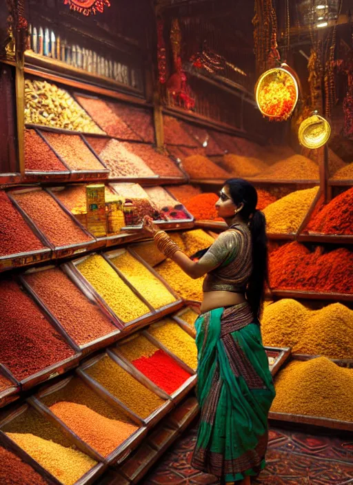 Image similar to an indian woman shopping at a spice market at night, wet, shiny, fantasy, intricate, elegant, hyper detailed, ultra definition, photoreal, artstation, unreal engine rendered, concept art, smooth, sharp focus, illustration, art by artgerm and greg rutkowski and alphonse mucha and garis edelweiss