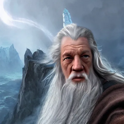 Prompt: Selfie taken by an overconfident Gandalf the Grey on the Bridge of Khazad Dum, a balrog looming in the background,