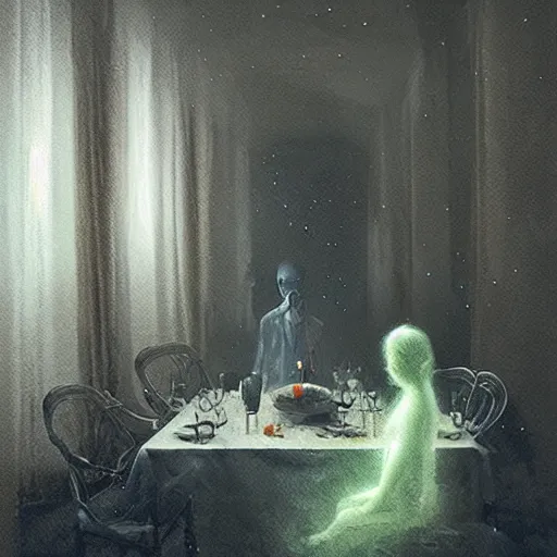 Image similar to The dinner with all the dead people I knew, By Delphin Anjolras, by Ismail Inceoglu, by Emiliano Ponzi, ghosts