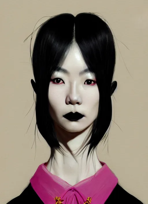 Image similar to portrait of a japanese woman with a crooked nose and a confident expression, 1 9 6 0 s, black clothes, goth, punk, brightly coloured hair, funk, intricate, elegant, highly detailed, digital painting, artstation, concept art, smooth, sharp focus, illustration, art by wlop, mars ravelo and greg rutkowski