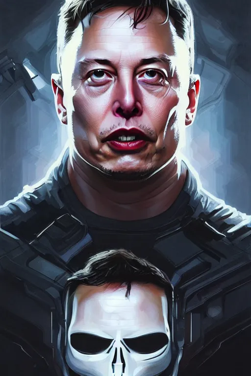 Prompt: elon musk as punisher, realistic portrait, symmetrical, highly detailed, digital painting, artstation, concept art, smooth, sharp focus, illustration, cinematic lighting, art by artgerm and greg rutkowski and alphonse mucha