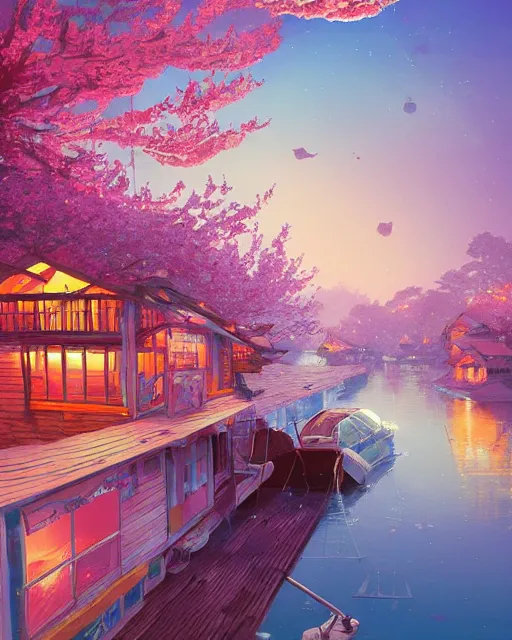 Image similar to a village of houseboats on the river | cherry - blossoms | highly detailed | very intricate | serene romantic fantasy whimsical magical | professional cinematic lighting | bokeh | dusk | studio ghibli | award - winning | matte painting by anton fadeev and paul lehr and rhads and alena aenami | pastel color palette | featured on artstation