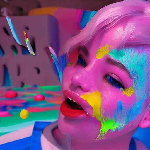 Image similar to born again christian tiktok influencer eating melting crayons and winking to their followers, in the style of james jean, artstation trending, 8 k, 3 d render, photorealistic, volumetric lighting caustics, pink