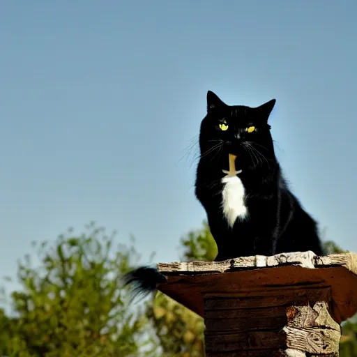 Image similar to Master Zorro, a long haired black cat, looking over his domain of peasants
