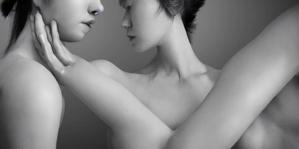 Image similar to hyperrealistic photography of a stunningly beautiful cyborg female, mechanical elbow, plated arm, intimate, holding hands, in the style of beth cavener, jin kagetsu,, and wlop, highly detailed, intricate, face symmetry, masterpiece, award - winning, sharp focus, concept art, high key, ambient lighting, 8 k, octane render, artstation