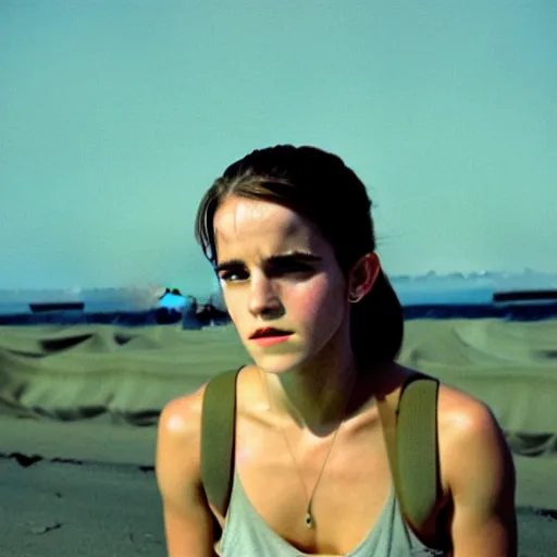 Prompt: film still, extreme far view, emma watson, in bell huey, apocalypse now, associated press, 2 6 mm, kodak ektachrome, blue tint expired film,