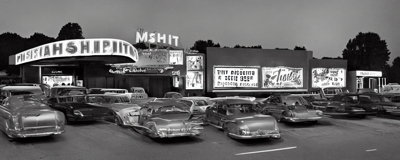 Image similar to 1 9 5 0 s drive in movie theatre, evening, focus on! spaghetti!!!, in the style of michael kenna, kodachrome,