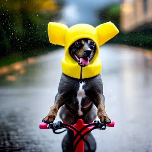 Image similar to a dog with a yellow hat riding a bike while raining