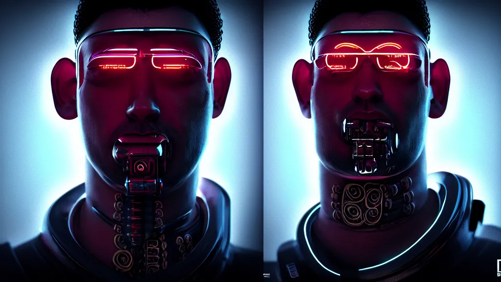 Prompt: Cyberpunk Benny the Bouncer, Tattoo on the neck, 4K symmetrical portrait, character concept art, hyper quality, future Doctrine, secret organization, 4k post-processing, moody lighting, rendered by octane engine