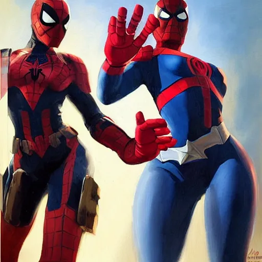 Image similar to greg manchess portrait painting of a female ironman captain america and spiderman as overwatch character, medium shot, asymmetrical, profile picture, organic painting, sunny day, matte painting, bold shapes, hard edges, street art, trending on artstation, by huang guangjian, gil elvgren, ruan jia, greg rutkowski, gaston bussiere