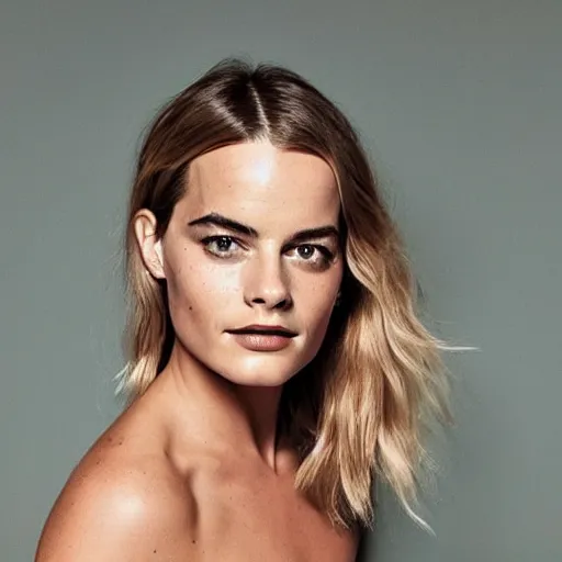 Image similar to a woman who is a genetic combination of margot robbie and emma watson face and upper - body focus