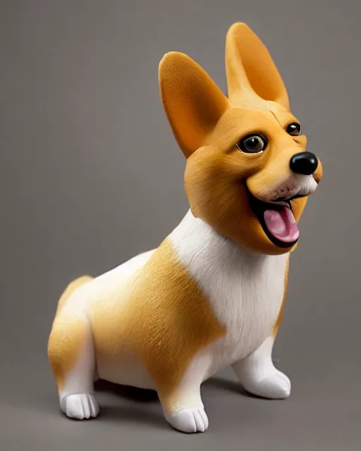 Image similar to hyperreal derailed maquette of a corgi dog as donald trump, donald trump ’ s head on the neck of a corgi dog body, creature design by rick baker, jordu schell style, studio lighting