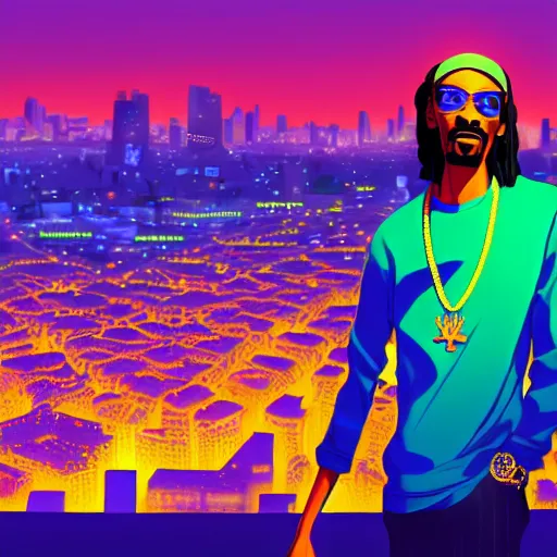 Image similar to ⁠portrait of Snoop Dogg , Karachi skyline background, rich vivid colors, ambient lighting, dynamic lighting, 4k, HQ, official media, anime key visual, makoto shinkai, ilya kuvshinov, lois van baarle, rossdraws, detailed, trending on artstation