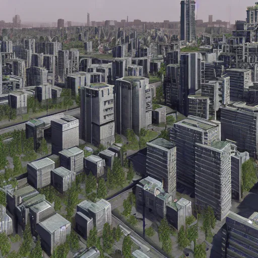 Image similar to a dystopian soviet brutalist city in cities skylines, very detailed, high quality photo, designed by David Adjaye, architecture by Kengo Kuma