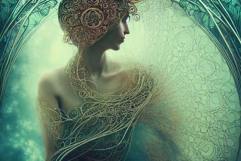 Prompt: a beautiful woman in a flowing dress standing amongst spiraling fractals, emotional, intricate, ornate, art nouveau, inspired by reylia slaby, peter gric, volumetric lighting