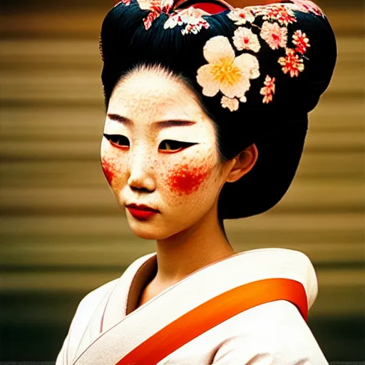 Prompt: portrait of a beautiful geisha, photograph by steve mccurry