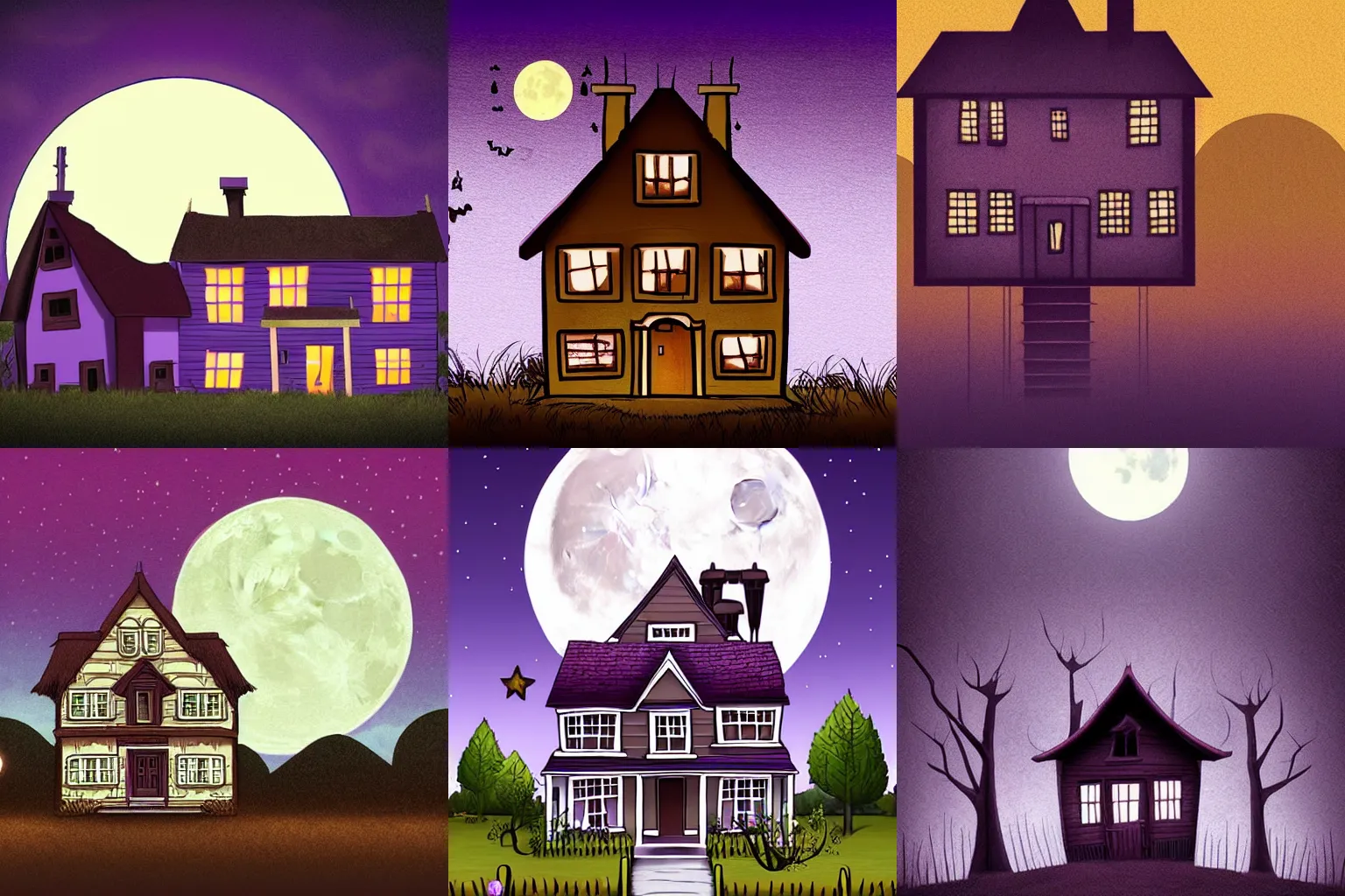 Prompt: A creepy house under a full moon | Detailed cartoon art style | Brown house | Brown walls | Purple sky