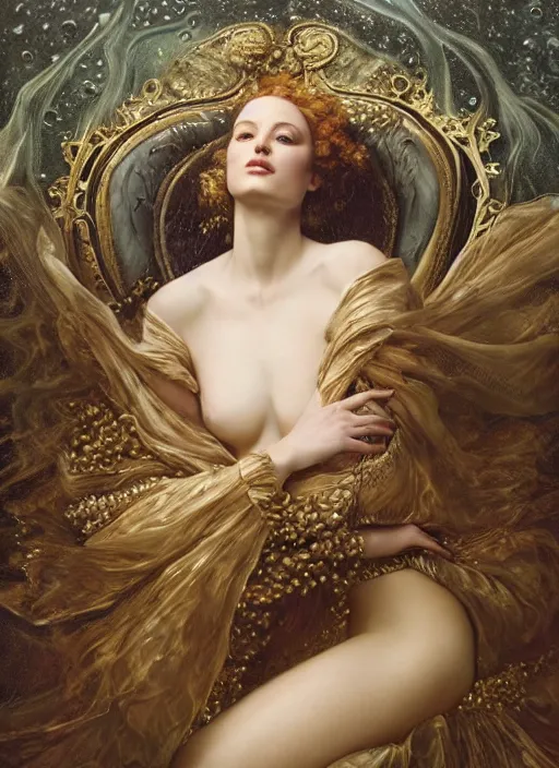 Image similar to highly detailed oil painting | very intricate | cinematic lighting | award - winning | elegant fabric, flowing underwater fashion by alexander mcqueen | by roberto ferri, by tom bagshaw, by j. c. leyendecker and klimt, american romanticism, by austin osman spare, artstation, cgsociety, official art, octane