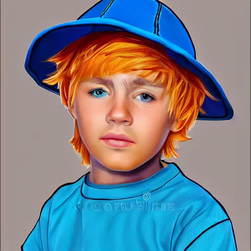 Prompt: a detailed portrait of a boy with blue eyes and blonde hear wearing an orange bucket hat, art illustration, incredibly highly detailed and realistic, 8 k, sharp focus