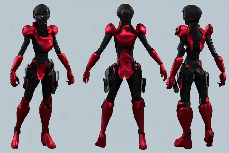 Prompt: 3d model sheet tpose turnaround of a female sci fi character with black hair and red armored sci fi outfit with stylized pixar mom extreme proportions in terms of waist to hip ratio, concept art reference