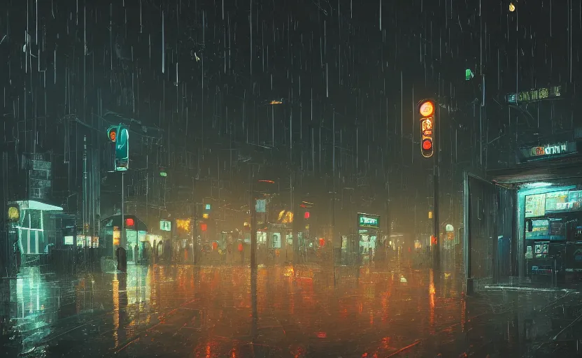 Image similar to A digital painting of a close-up view of a raining cyberpunk street, with four vending machines, some street lights and padestrians, by Ismail Inceoglu and Caspar David Friedrich, 4k, ue5, light effect, rtx on, realistic, cinematic, trending on artstation