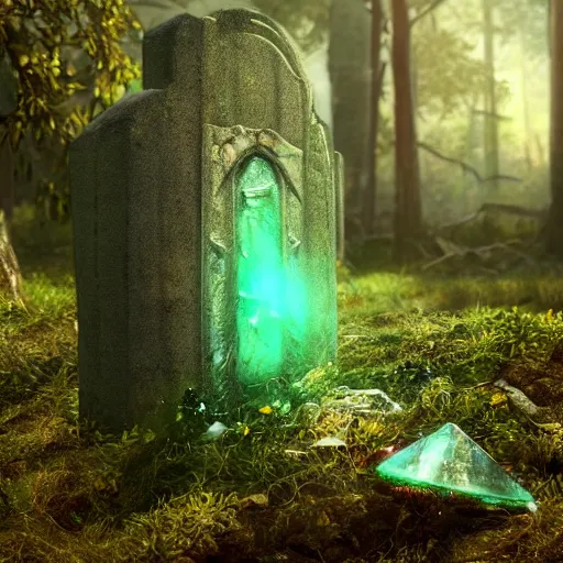 Prompt: side view of a beautiful abandoned tombstone with an embedded emerald laying on the ground, overgrown foliage taking over it, deep forest in the background, biopunk, bokeh, beautiful, lens flare, emotional, detailed, picture, trending on artstation, award - winning, shiny, golden, octane render