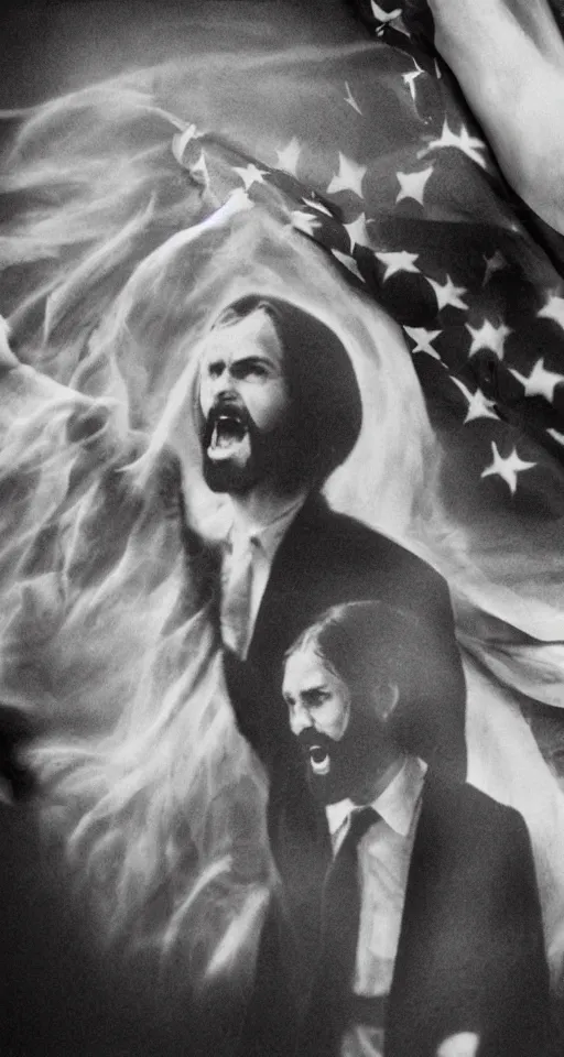 Image similar to ghost emerging from a politician, american flag, jesus christ crying in the background, lomo