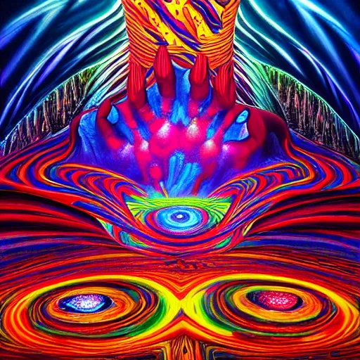 Prompt: a psychedelic painting of a dmt trip by alex grey, hyperrealistic, finely detailed, dramatic lighting, octane, unreal engine