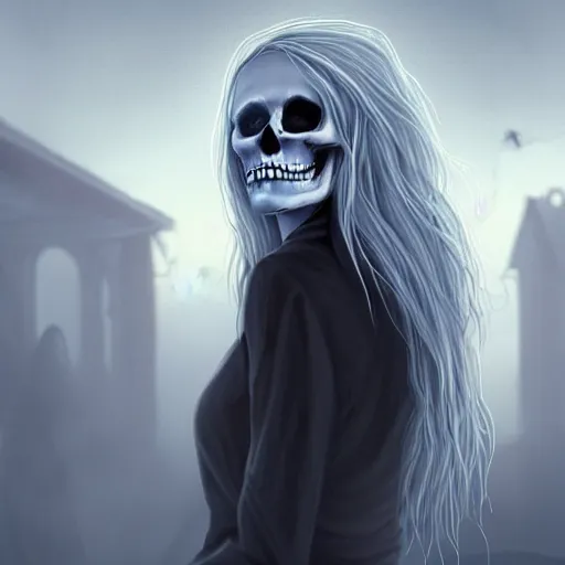 Prompt: skeleton with phoebe bridgers face, long flowing silver hair, by ryan smallman, graveyard in the background, very detailed, fog through vibrant lighting, cinematic, artstation